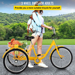 1-Speed 3 Wheel Adult Tricycle 24'' Yellow Trike Bicycle Bike with Large Basket for Riding Front V-brake