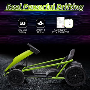 24V Go Kart, 300W*2 Extra Powerful Motors, 9Ah Large Battery 8MPH High Speed Drifting with Music, Horn,Max Load 175lbs