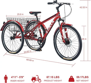 ZUKK Adult Moutain Tricycle, 26 Inch 3 Wheel Bikes,3 Wheeled 7-Speed Mountain Tricycle for Adults with Large Shopping Baskets