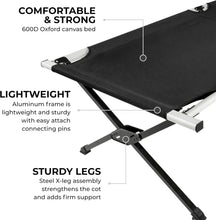 Load image into Gallery viewer, Sports Camping Cot with Patented Pivot Arm - Folding Camping Cot for Car &amp; Tent Camping - Durable Canvas Sleeping Cot - Po
