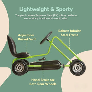 Pedal Go Kart for Kids Ages 4-8, Adjustable Bucket Seat, Plastic Wheels with Rubber Profile, Handbrake for Both Rear Wheels