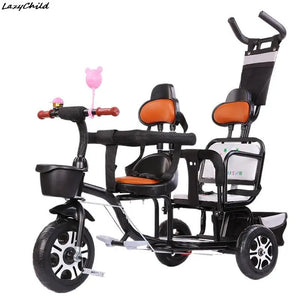 Children's Tricycles Take People Twins Bicycles Twin Strollers Baby Strollers Double Seat Titanium Hollow Wheel With Guardrails