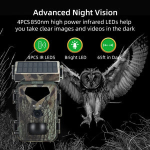 Solar Powered Night Vision Trail Camera 50MP 4K Hunting Cameras 0.3s Trigger Time Trail Camera for Wildlife Monitoring Hunting