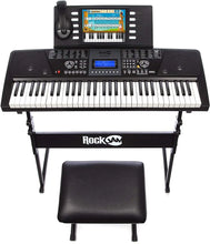 Load image into Gallery viewer, RockJam 61 Key Keyboard Piano With LCD Display Kit, Stand, Bench, Headphones, Simply App &amp; Keynote Stickers
