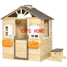 Load image into Gallery viewer, Wooden Kids Playhouse, Adventures Cottage, with Working Door, Windows, Bench, Service Station, Flowers Pot Holder
