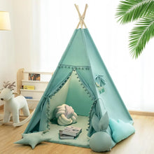 Load image into Gallery viewer, Teepee Tent for Kids with Mat, Star Lights, Cotton Canvas Playhouse
