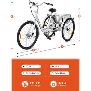 Tricycle, 7 Speed with Dual Chain, for Women Men Seniors,Three Wheel Bike with Basket,330lb. Adult Trike 24 26 inch 3 Wheel Bike