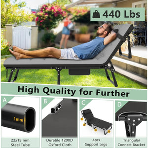 3 in 1 Folding Camping Cot Bed, 5 Positions Adjustable Patio Chaise Lounge Chair, Portable Sleeping Cots，Black Cot + Pad