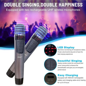 New K222 Karaoke Machine with 2 UHF Wireless Microphones & 5 Sound Modes, Support Optical/Bluetooth/AUX/USB/PC, Wooden