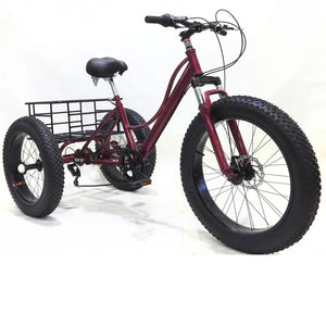 New 24 Inch 7-speed Snowy Fat Tire Tricycle With Front And Rear Dual Disc Brakes, Adult Elderly Vegetable Basket Bike