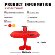 Load image into Gallery viewer, WLtoys A300 4-CH RC Plane, Beechcraft D-17 RC Airplanes with Lights, 6G/3D Brushless RC Planes for adults, Outdoors and Gifts
