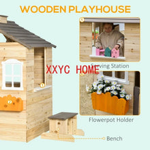Load image into Gallery viewer, Wooden Kids Playhouse, Adventures Cottage, with Working Door, Windows, Bench, Service Station, Flowers Pot Holder
