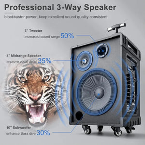 3-way Portable PA System with Wireless Microphone, 10-inch Subwoofer Bluetooth Karaoke Machine, Rechargeable Speaker Support