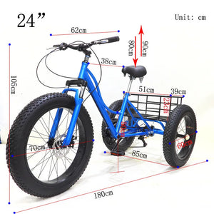 New 24 Inch 7-speed Snowy Fat Tire Tricycle With Front And Rear Dual Disc Brakes, Adult Elderly Vegetable Basket Bike