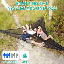 Load image into Gallery viewer, 13ft Triangle Camping Hammock Max 550 lbs for2-6 Adult Kid,Multi Person Tree Hammock with 3 Ratchet Tie Down Straps &amp; Net Pocket
