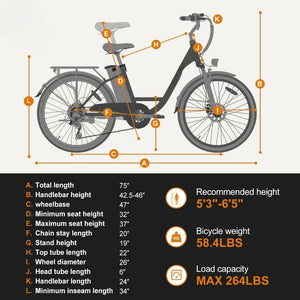 Electric Bike 350W Cruiser Bicycle Up to 40 Miles Removable Battery, 7-Speed and Dual Shock Absorber, 26" Electric Commuter