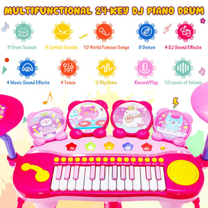 Babyjoy 24 Key DJ Piano Keyboard Drum Toy Music Instrument w/MP3 Microphone Cymbal Pink