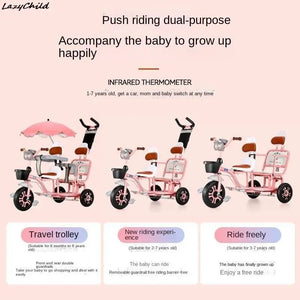 Children's Tricycles Take People Twins Bicycles Twin Strollers Baby Strollers Double Seat Titanium Hollow Wheel With Guardrails