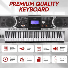 Load image into Gallery viewer, 61 Keys 2 in 1 Play and Sing Along Portable Electronic Piano Keyboard with Sustain Pedal, Headset, Weatherproof Bag, Stool
