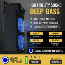 Load image into Gallery viewer, Portable PA System with Wireless Mic - Bluetooth Party Boombox Speaker &amp; Karaoke Machine with Lights, Dual 10” Subwoofer,
